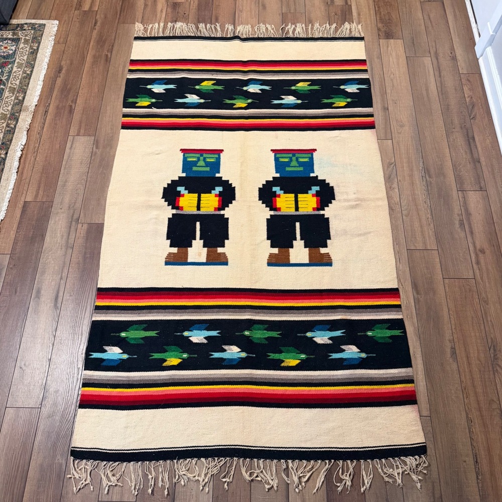 Vintage Zapotec Mexican Wool Rug Handwoven Pictorial Figural Birds 48x80 Oaxacan - Picture 2 of 9